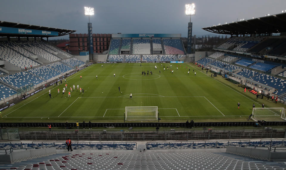 A general view inside the empty stadium as fans cannot attend the match due to the medical emergency Covid-19 (Coronavirus) prior to the Serie A match between US Sassuolo and Brescia Calcio at Mapei Stadium - Citta del Tricolore on March 9, 2020 in Reggio nell'Emilia, Italy