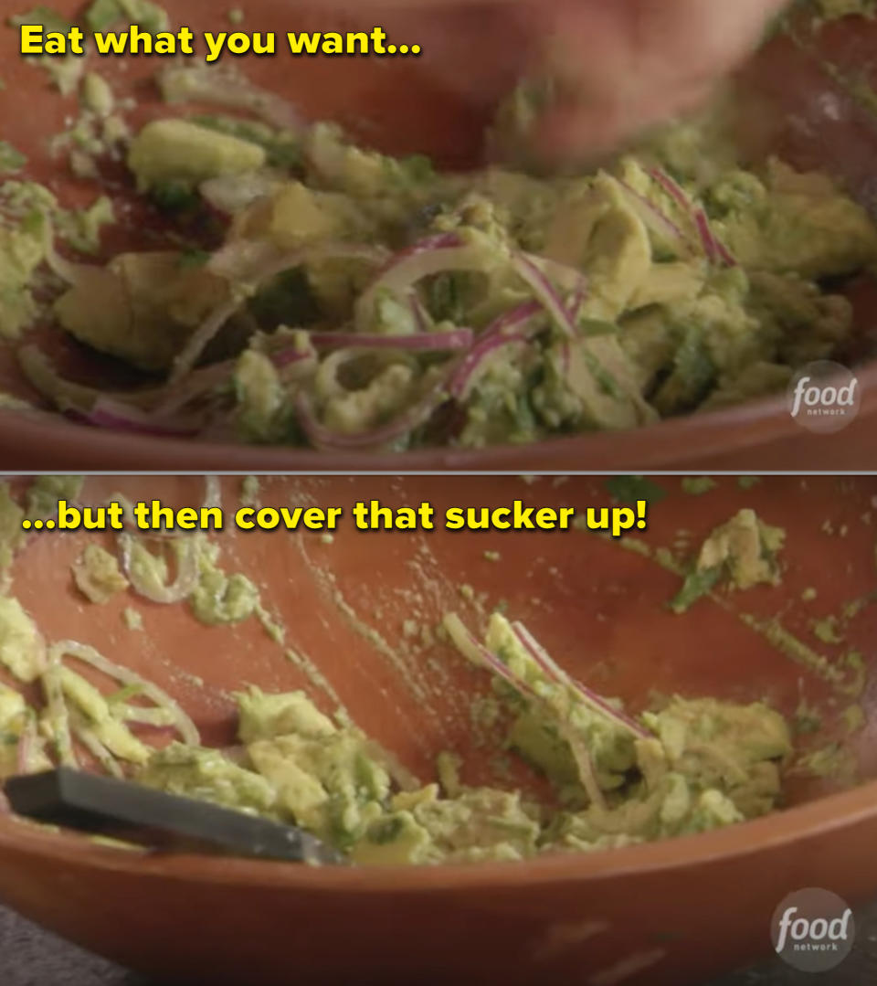 Bobby Flay making guac and covering leftover