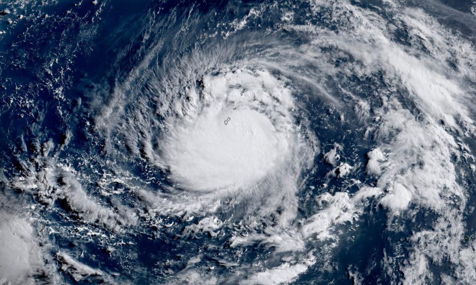 This satellite image obtained from the The National Oceanic and Atmospheric Administration shows Typhoon Mawar, as it approached Guam on May 23, 2023.