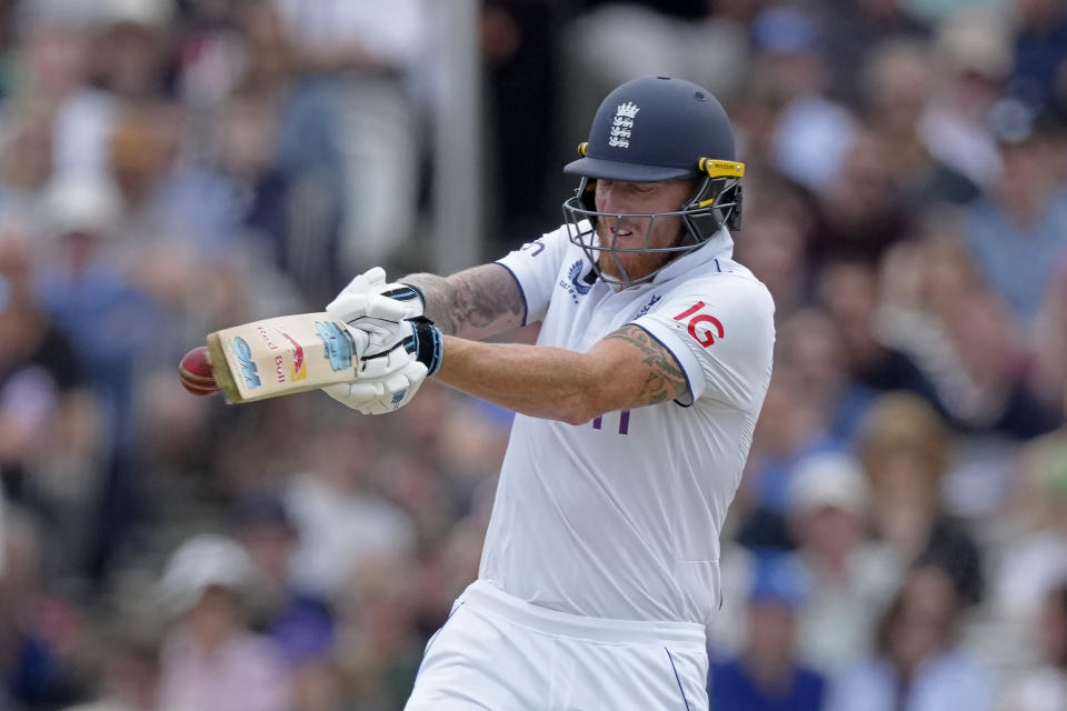 England's captain Ben Stokes plays a shot during the fifth day of the second Ashes Test match between England and Australia, at Lord's cricket ground in London, Sunday, July 2, 2023. (AP Photo/Kirsty Wigglesworth)