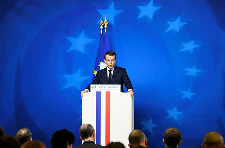 French President Emmanuel Macron attends a news conference after a European Union leaders summit in Brussels, Belgium December 14, 2018. REUTERS/Piroschka Van De Wouw