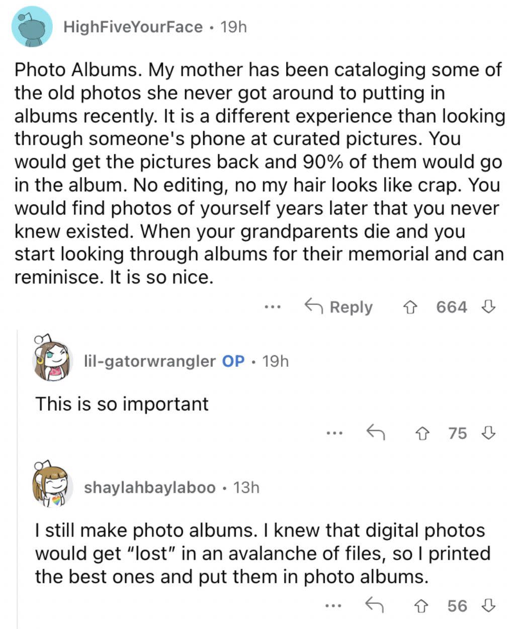 Reddit screenshot about the value of putting together photo albums.