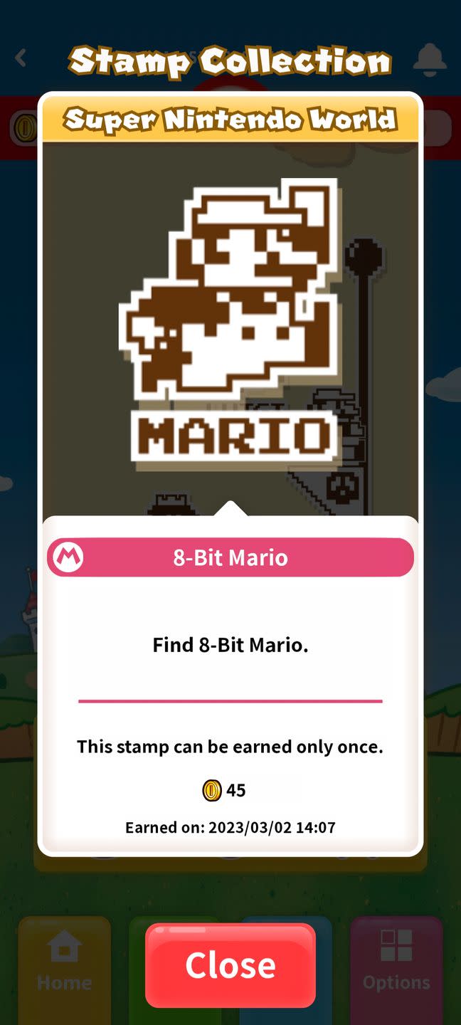 the 8 bit mario stamp you earn if you find him in super nintendo world