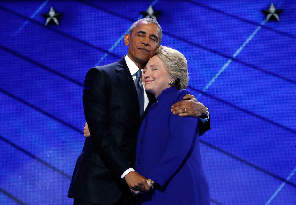 <p>President Barack Obama hugs Democratic Presidential candidate Hillary Clinton after addressing the delegates during the third day session of the Democratic National Convention in Philadelphia, Wednesday, July 27, 2016. (AP Photo/Carolyn Kaster) </p>