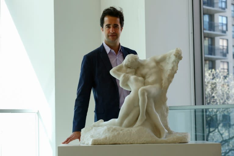 Jeremiah Evarts, Head of Evening Sales of Impressionist & Modern Art at Sotheby's New York, speaks during an interview about the marble sculpture "Eternel Printemps" by Auguste Rodin, on April 19, 2016