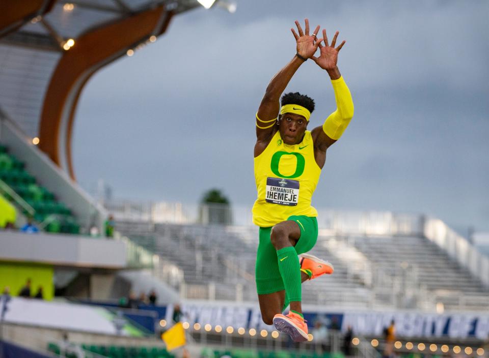 Oregon's Emmanuel Ihemeje takes off in the men's triple jump on the third day of the NCAA Outdoor Track & Field Championships Friday, June 10, 2022 at Hayward Field in Eugene, Ore.