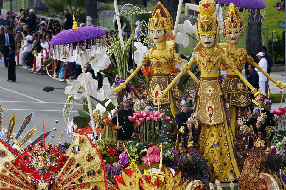 The float "Wonderful Indonesia," from the Ministry of Tourism and Creative Economies, Republic of Indonesia_ winner of the Presidents trophy for the most innovative use and presentation of flowers_ appears in the 124th Rose Parade in Pasadena, Calif., Tuesday, Jan. 1, 2013. (AP Photo/Patrick T. Fallon)