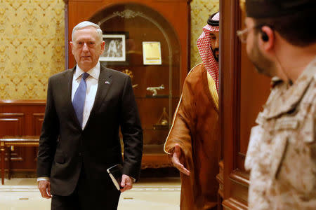 Saudi Arabia's Deputy Crown Prince and Defense Minister Mohammed bin Salman escorts U.S. Defense Secretary James Mattis to the meeting with their delegations in Riyadh, Saudi Arabia April 19, 2017. REUTERS/Jonathan Ernst