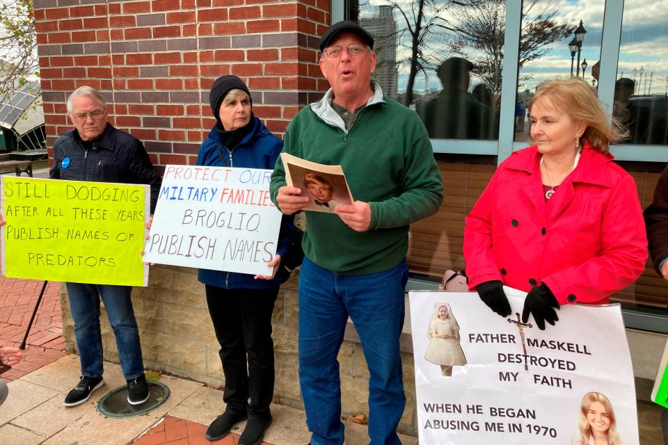 David Lorenz, Maryland director for the Survivors Network of those Abused by Priests, speaks at a sidewalk news conference outside the U.S. Conference of Catholic Bishops gathering in Baltimore on Nov. 16, 2022.