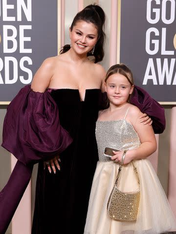 <p>Frazer Harrison/WireImage</p> Selena Gomez and her sister Gracie Elliot Teefey at the 2023 Golden Globes