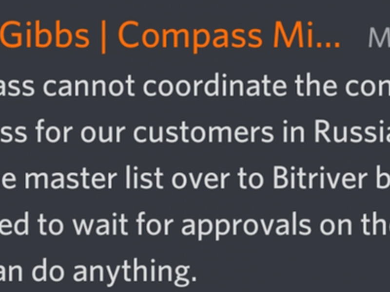 Compass' former CEO comments on the situation on mining machines hosted by sanctioned Russian firm BitRiver on May 6. (CoinDesk) 