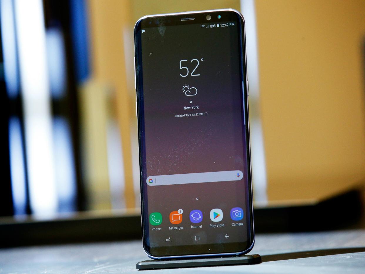 A Samsung Galaxy S8+ smartphone is pictured at the introduction of the Galaxy S8 and S8+ smartphones during the Samsung Unpacked event in New York City, United States March 29, 2017: REUTERS/Brendan McDermid