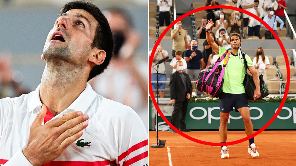 Pictured here, Novak Djokovic looks to the sky as Rafael Nadal makes his French Open exit.