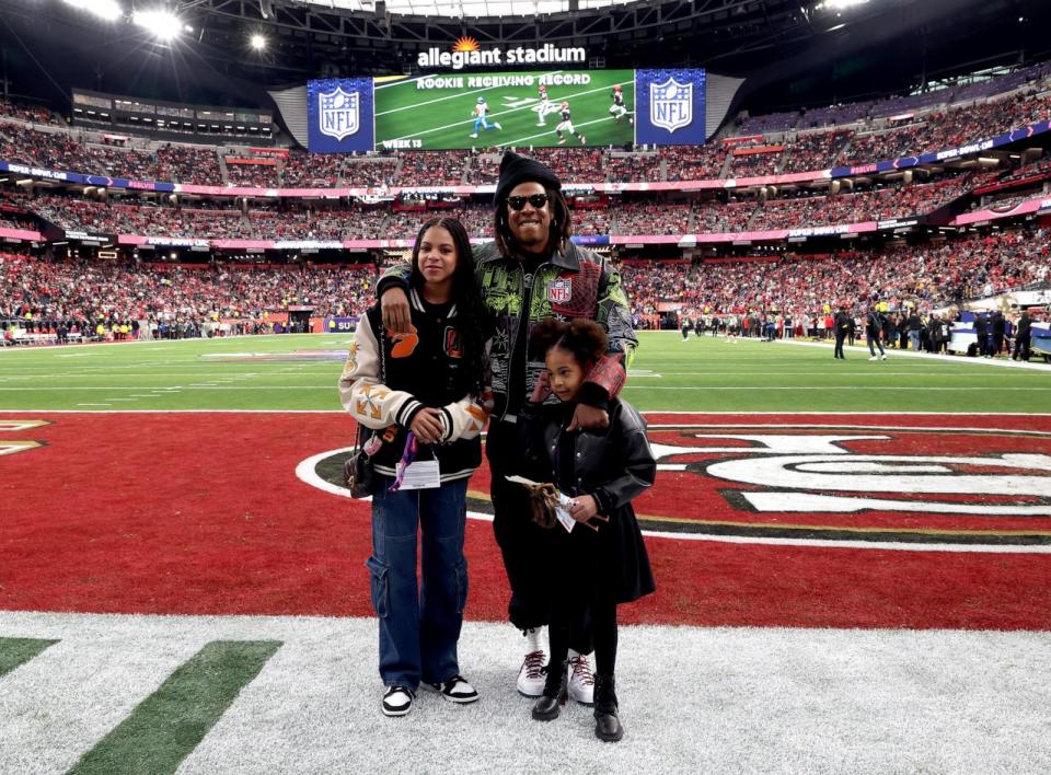 PHOTO: Blue Ivy Carter, Jay-Z and Rumi Carter attend the Super Bowl LVIII Pregame at Allegiant Stadium, Feb. 11, 2024, in Las Vegas. (Kevin Mazur/Getty Images )