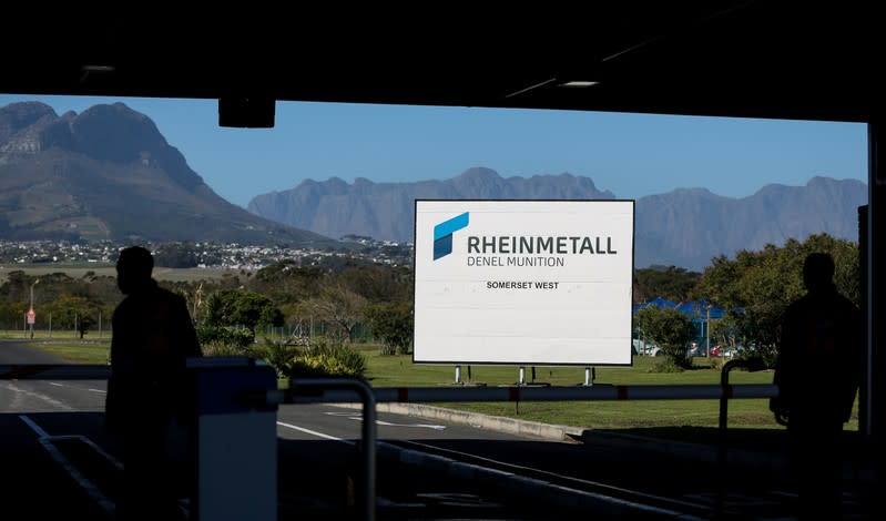 FILE PHOTO: A company logo is seen at the entrance to the Rheinmetall Denel Munition plant near Cape Town, South Africa