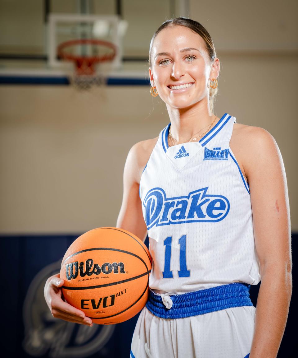 Megan Meyer stands for a photo during Drake women's basketball media day in Des Moines on Monday.