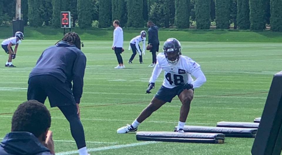 Fourth-round NFL draft choice Tyrice Knight from the University of Texas-El Paso practices on the first day of Seattle Seahawks rookie minicamp May 3, 2024, at the team’s Virginia Mason Athletic Center in Renton.