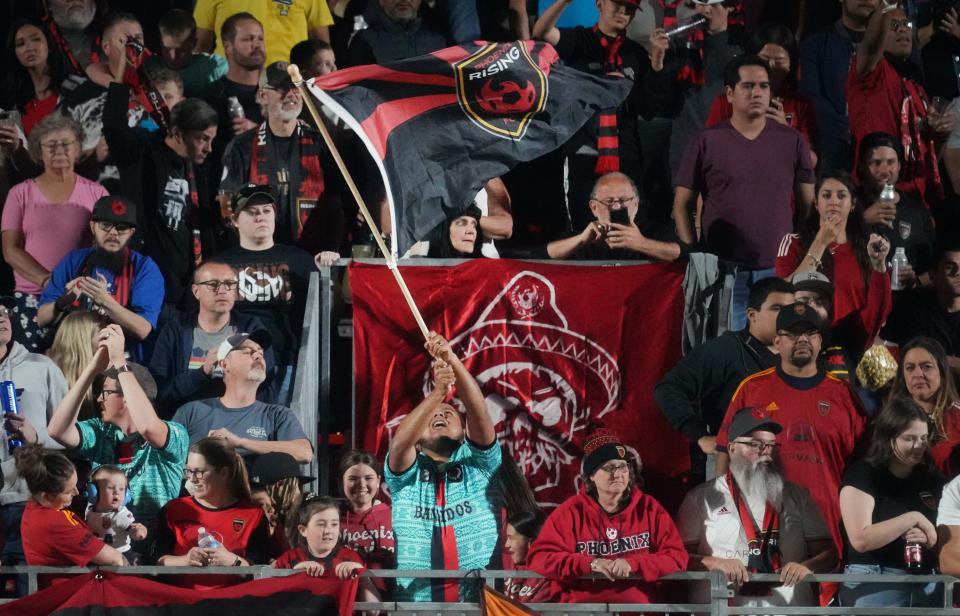 Phoenix Rising fans cheer on their team as they play the San Diego Loyal SC at Phoenix Rising Stadium, April 1, 2023.