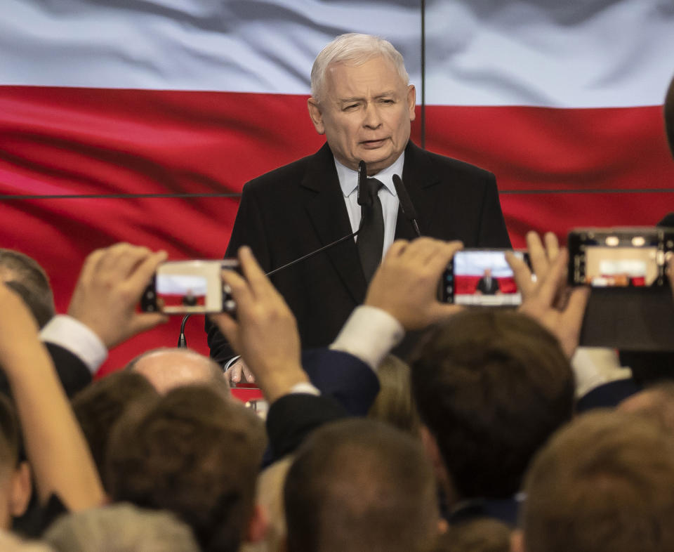 Leader of Poland's ruling party Jaroslaw Kaczynski speaks in reaction to exit poll results right after voting closed in the nation's parliamentary election that is seen crucial for the nation's course in the next four years, in Warsaw, Poland, on Sunday, Oct. 13, 2019. (AP Photo)