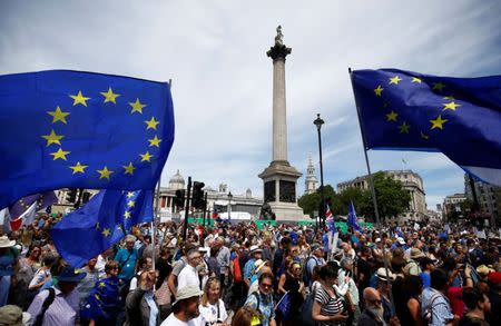 EU supporters, calling on the government to give Britons a vote on the final Brexit deal, walk through Trafalgar Square in the 'People's Vote' march in central London, Britain June 23, 2018. REUTERS/Henry Nicholls