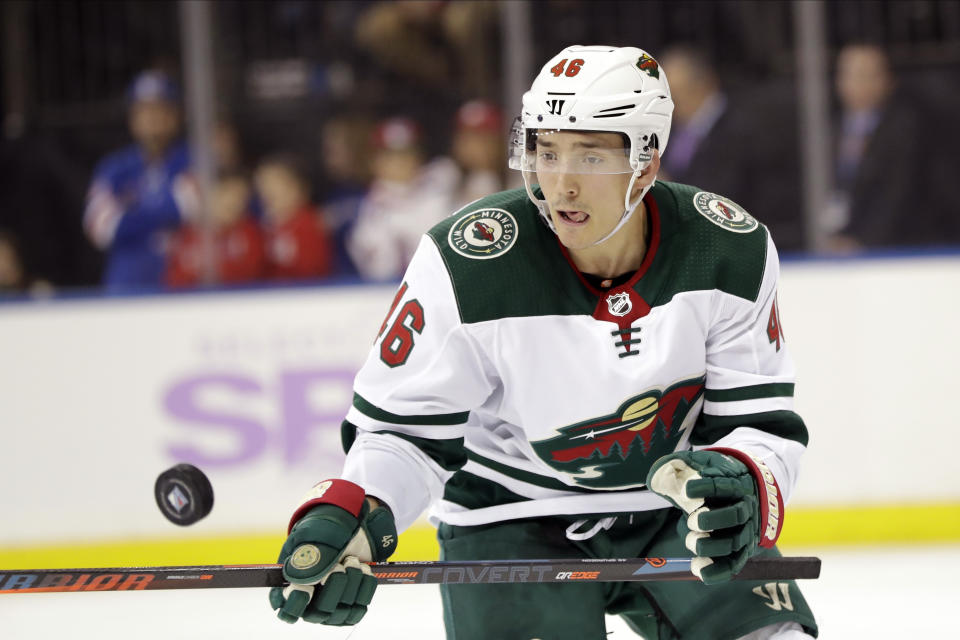 FILE - In this Nov. 25, 2019 file photo Minnesota Wild's Jared Spurgeon watches the puck during the second period of an NHL hockey game against the New York Rangers in New York. Smaller defensemen like the 5-foot-9 Spurgeon have taken on more importance around the league in recent years for their mobility and puck-moving skills. (AP Photo/Frank Franklin II, file)