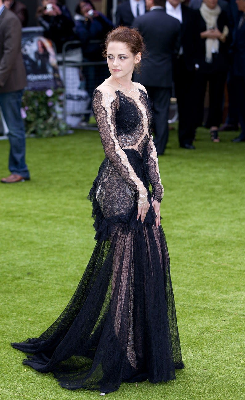 <p>Wearing Marchesa at the premiere of <em>Snow White and the Huntsman</em> (May 2012)</p>