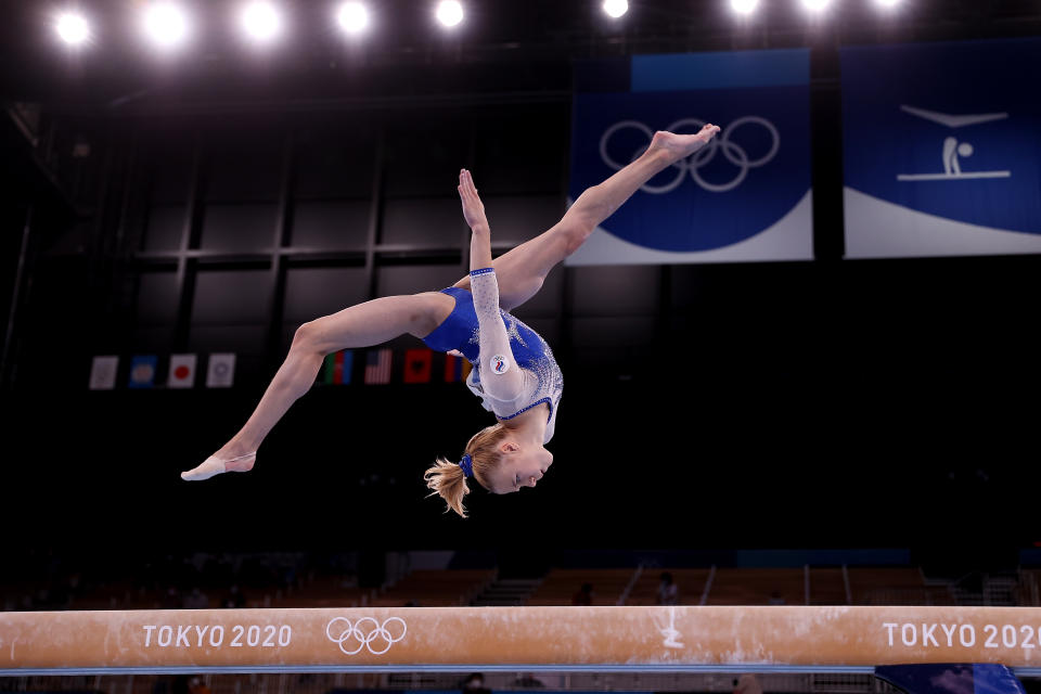 <p>TOKYO, JAPAN - JULY 27: Viktoriia Listunova of Team ROC competes in balance beam during the Women's Team Final on day four of the Tokyo 2020 Olympic Games at Ariake Gymnastics Centre on July 27, 2021 in Tokyo, Japan. (Photo by Laurence Griffiths/Getty Images)</p> 