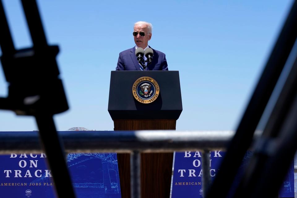 President Joe Biden speaks Thursday, May 6, 2021, in Lake Charles, La. (AP Photo/Alex Brandon)