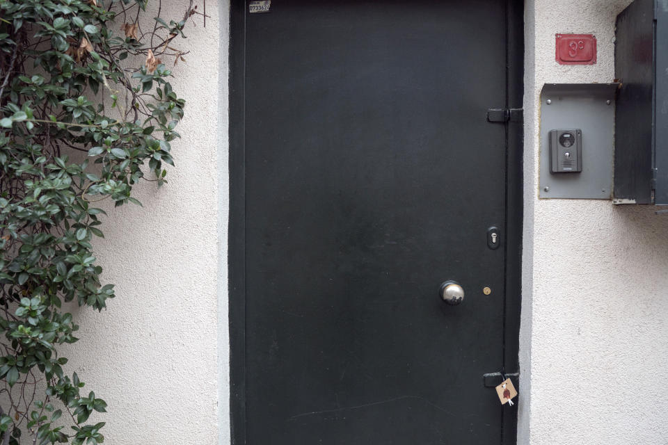 Sealed door of his house after former British army officer who helped found the "White Helmets" volunteer organization in Syria, James Le Mesurier's body was found in Istanbul, Turkey, Monday Nov. 11, 2019. Turkish officials and news reports said Monday that Le Mesurier's body was found near his home in Istanbul's Beyoglu district.(AP Photo/Emrah Gurel)