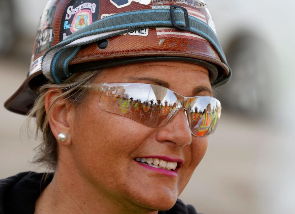 Jayne Griffor, one of the many builders of the Gordie Howe Bridge for the Bridging North America, talks about the joy it has been for her to help construct the bridge. She was answering questions from the media underneath the bridge in Detroit on Tuesday, May 14, 2024.