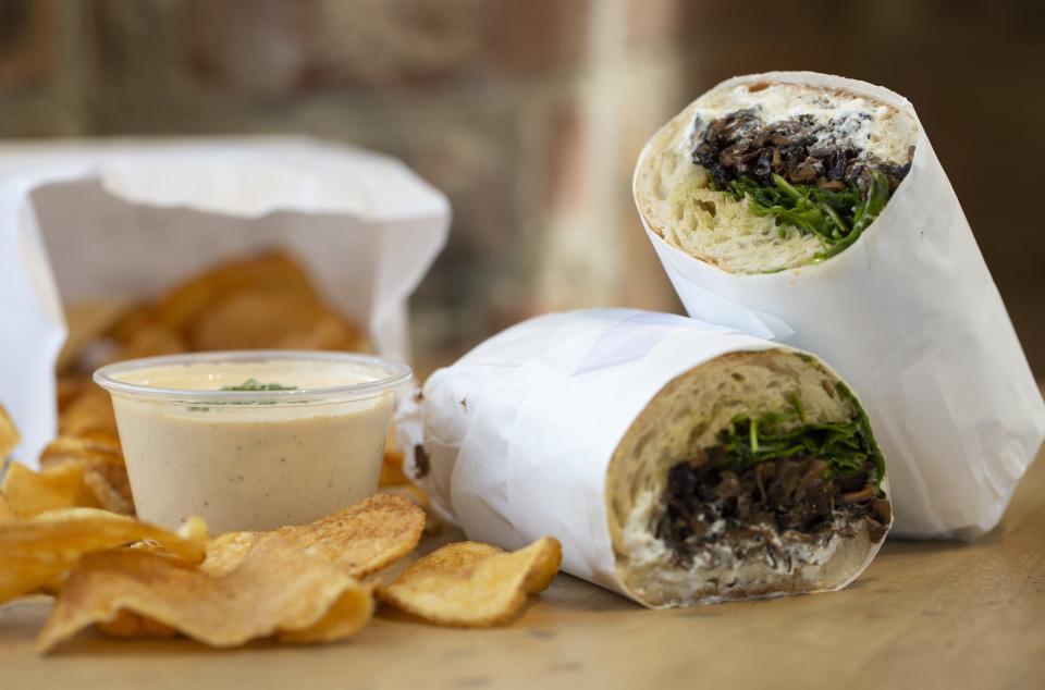 Roasted Mushroom sandwich with housemade chips and sauce from Icarus Sandwich Shop on E. 2nd in Victorian Village. (Photo by Tim Johnson)