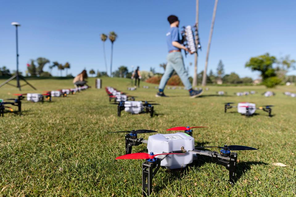 200 drones are laid out in a specific grid prior to a drone show at the Alameda County Fair on June 26, 2024, in Pleasanton, Calif.