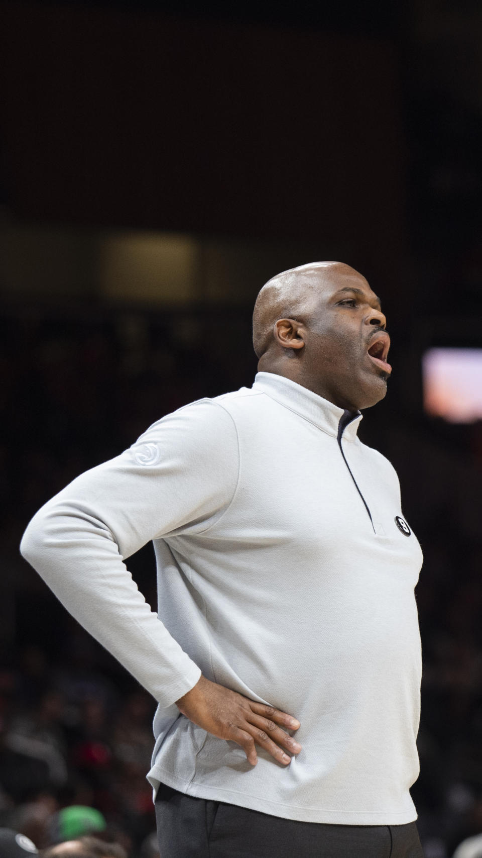 Atlanta Hawks head coach Nate McMillan directs his team during the first half of an NBA basketball game against the New York Knicks, Wednesday, Feb. 15, 2023, in Atlanta. (AP Photo/Hakim Wright Sr.)