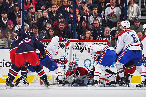 COLUMBUS, OH - NOVEMBER 4: Scott Hartnell #43 of the Columbus Blue Jackets scores on goaltender Al Montoya #35 of the Montreal Canadiens during the second period of a game on November 4, 2016 at Nationwide Arena in Columbus, Ohio. (Photo by Jamie Sabau/NHLI via Getty Images)