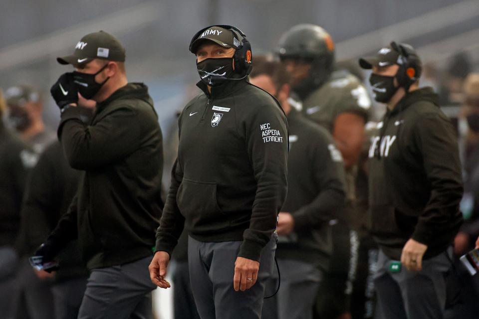 Army head coach Jeff Monken looks on against Navy during the first half on Dec. 12, 2020 in West Point, N.Y., in the 121st playing of the Army-Navy game.