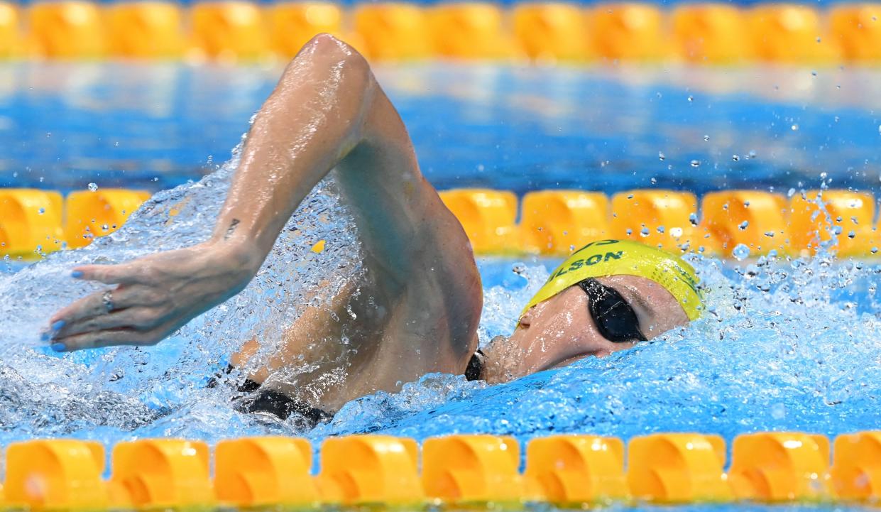 Australia's Madison Wilson competes in  the final of the women's 4x200m freestyle relay swimming event during the Tokyo 2020 Olympic Games at the Tokyo Aquatics Centre in Tokyo on July 29, 2021.