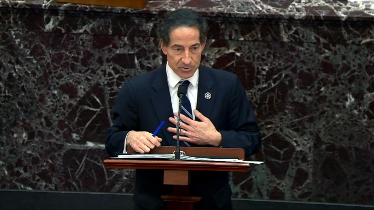 Rep Jamie Raskin (D-MD) gives closing arguments on the fifth day of former President Donald Trump’s second impeachment trial at the US Capitol on 13 February, 2021 in Washington, DC. A new mental health law in Maryland honours Mr Raskin’s late son, Tommy, who died by suicide. (Getty Images)