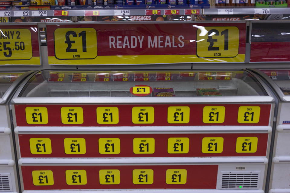 Vinyl displays on a large freezer advertising ready meals for only £1 in the aisle of an Iceland, a popular supermarket in the country, as the Office for National Statistics (ONS) announces inflation in the country rose to 9.1% in May, with food prices soaring on 21st June, 2022 in Wakefield, United Kingdom. (photo by Daniel Harvey Gonzalez/In Pictures via Getty Images)