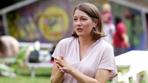 PHOTO: Democratic House candidate Lt. Gov. Molly Gray speaks to voters in Middlesex, Vt., July 20, 2022. (Wilson Ring/AP)