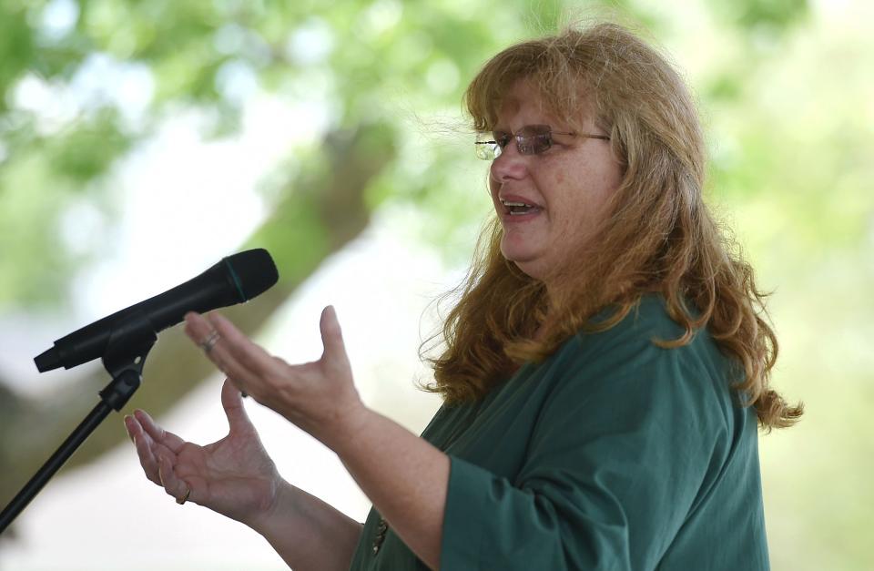 Jessica Hiatt's mother Sara Spangler speaks during her celebration of life service at Slater City Park Monday, May 16, 2022, in Slater, Iowa.