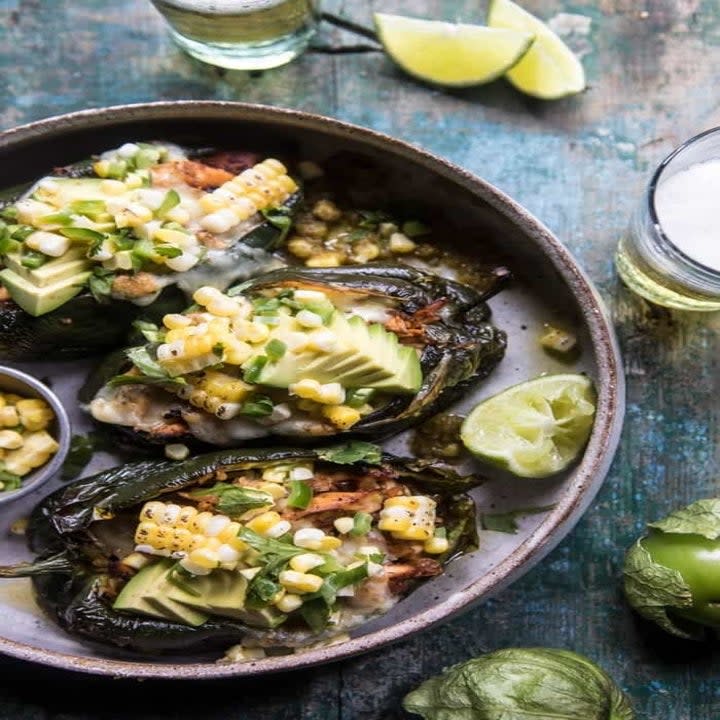 Poblano peppers stuffed with chicken and corn.