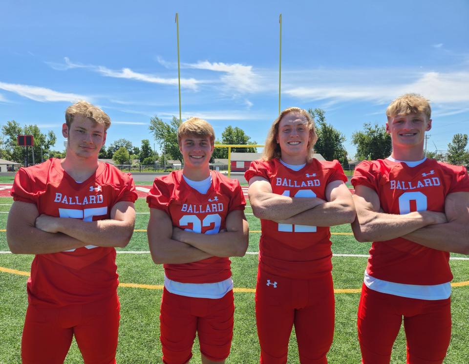 Ballard's (from left) Jack Nelson, Jakson Fleischmann, Eli Rouse and Chance Lande hope to lead the Bombers back to the playoffs in 2023. The Ballard football team is moving up from Class 3A to 4A this fall.