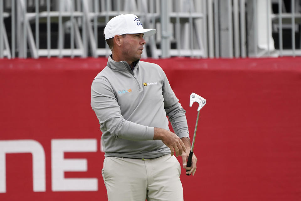 Chez Reavie follows his putt on the 18th green of the Silverado Resort North Course during the first round of the Fortinet Championship PGA golf tournament Thursday, Sept. 16, 2021, in Napa, Calif. (AP Photo/Eric Risberg)