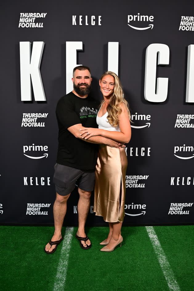 Jason Kelce and Kylie Kelce photographed together at the world premiere of documentary, 