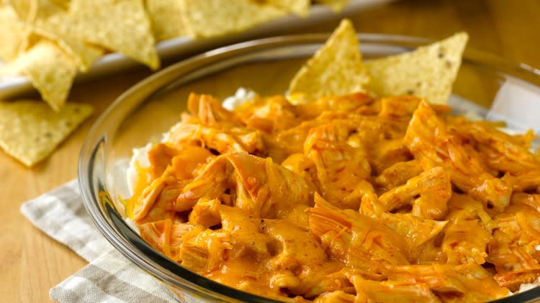 Buffalo chicken dip on table