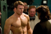 <p>Just before he became Captain America, Steve Rogers' (Evans) post-serum bod turned a lot of heads, including Peggy Carter's (Hayley Atwell).</p>