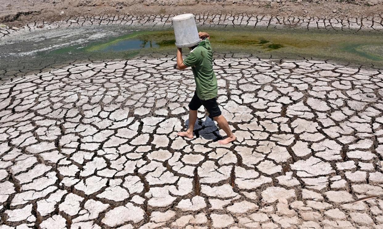 <span>A man shields from the sun as he crosses a dried-up pond in Vietnam in March, which was recorded as the hottest month globally on record.</span><span>Photograph: Nhac Nguyen/AFP/Getty Images</span>