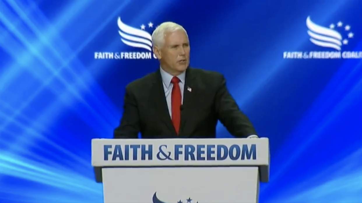 Mike Pence gets heckled at a Faith & Freedom Coalition event in Orlando, Florida (Faith & Freedom Coalition)