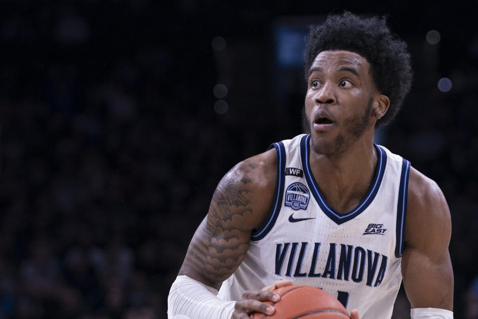 Saddiq Bey #41 of the Villanova Wildcats controls the ball against the Providence Friars at the Wells Fargo Center on February 29, 2020 in Philadelphia, Pennsylvania. The Providence Friars defeated the Villanova Wildcats 58-54. (Photo by Mitchell Leff/Getty Images)