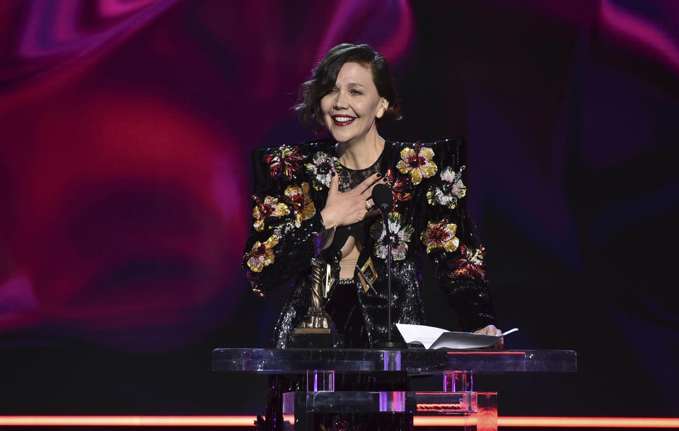 Maggie Gyllenhaal accepts the award for best director for "The Lost Daughter" at the 37th Film Independent Spirit Awards on Sunday, March 6, 2022, in Santa Monica, Calif. (Photo by Jordan Strauss/Invision/AP)